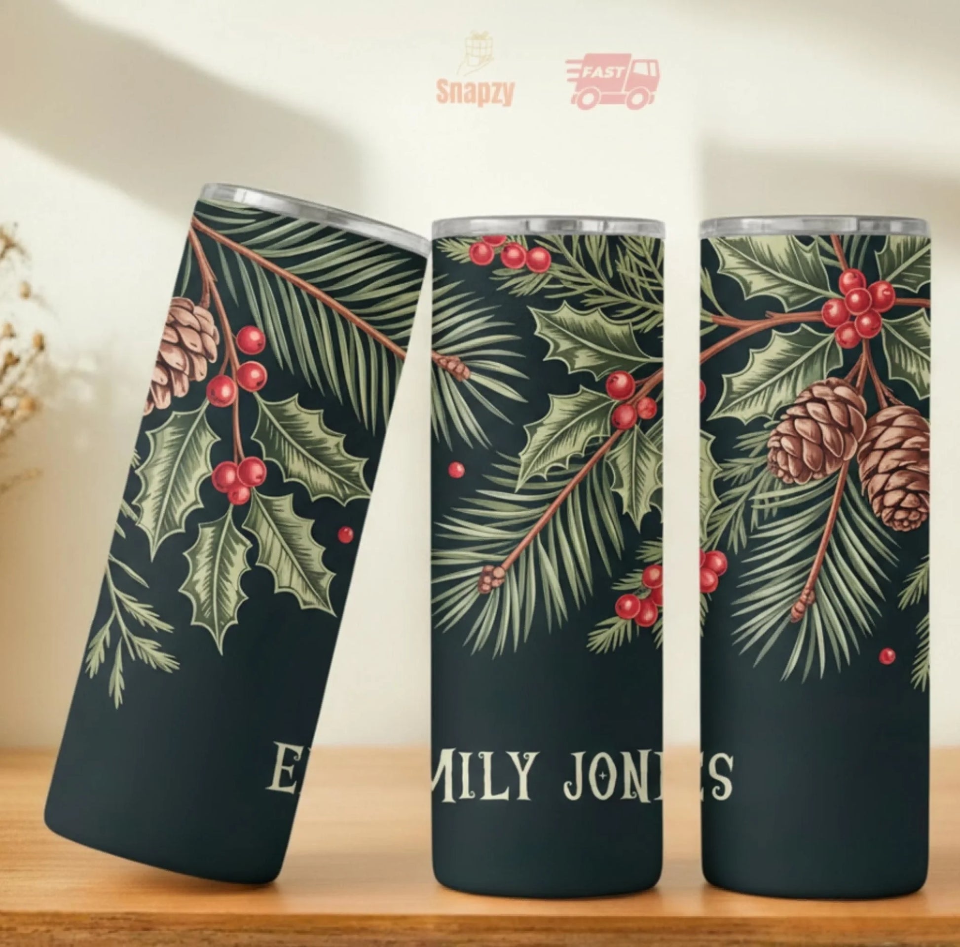 Personalized 20oz skinny tumbler – Christmas | lifestyle scene | custom name available, dishwasher safe, double-wall sta