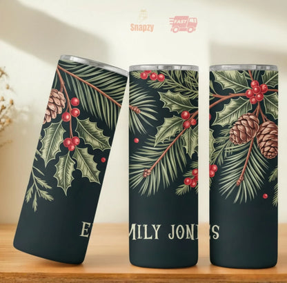 Personalized 20oz skinny tumbler – Christmas | lifestyle scene | custom name available, dishwasher safe, double-wall sta
