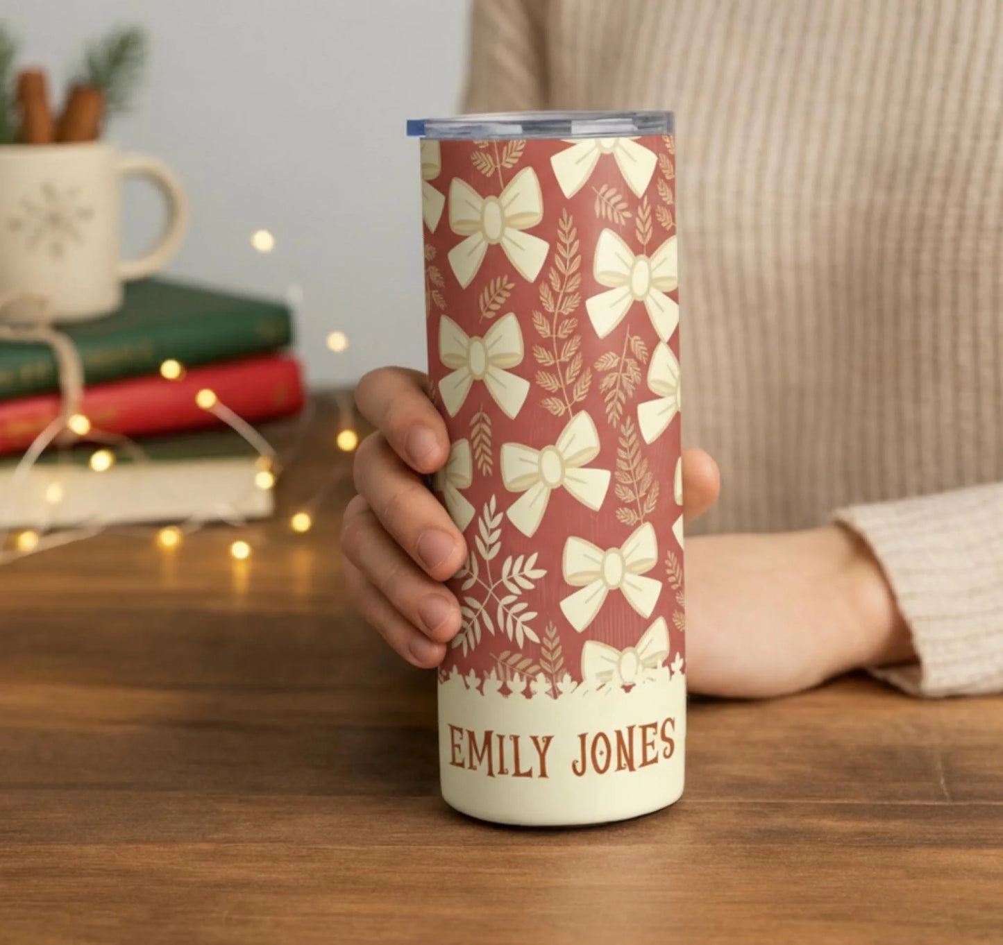 Personalized 20oz skinny tumbler – Personalized | lifestyle scene | custom name available, dishwasher safe, double-wall