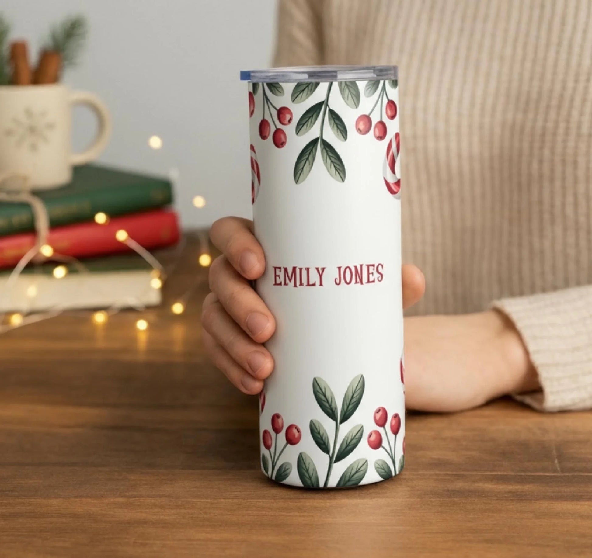 Personalized 20oz skinny tumbler – Personalized | lifestyle scene | custom name available, dishwasher safe, double-wall