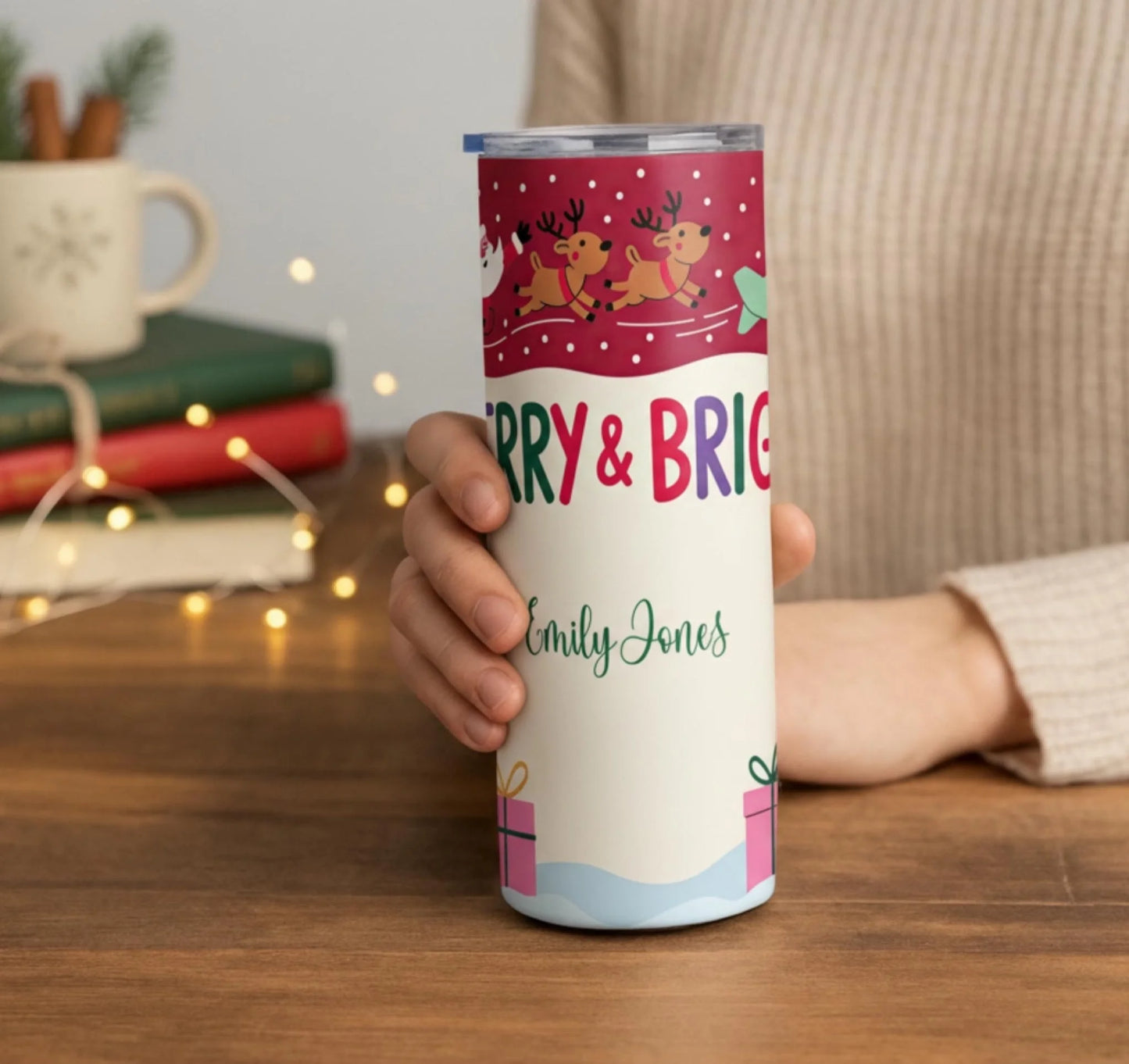 Personalized 20oz skinny tumbler – Personalized | lifestyle scene | custom name available, dishwasher safe, double-wall