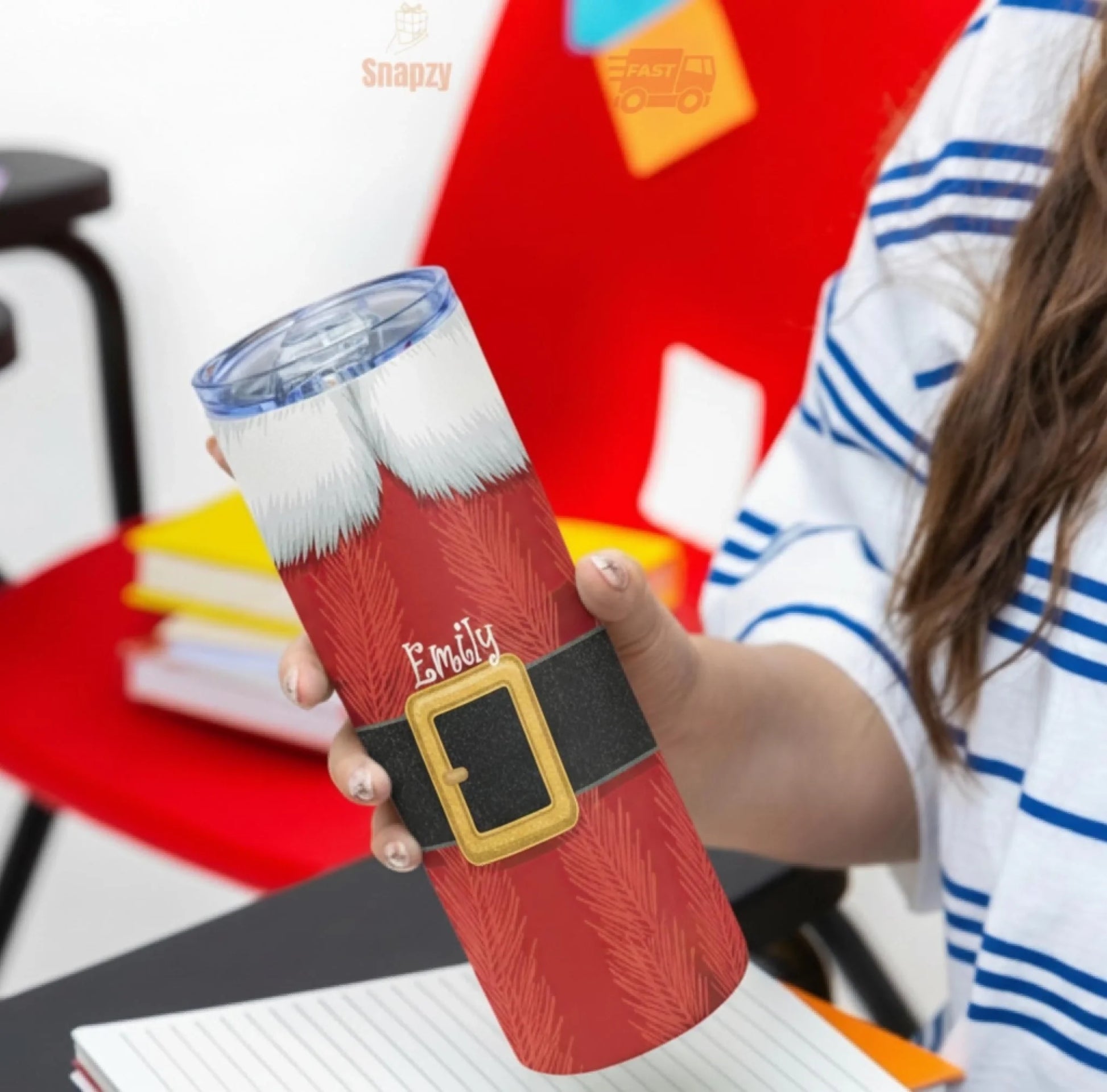 Personalized 20oz skinny tumbler – Christmas | detail view | custom name available, dishwasher safe, double-wall stainle