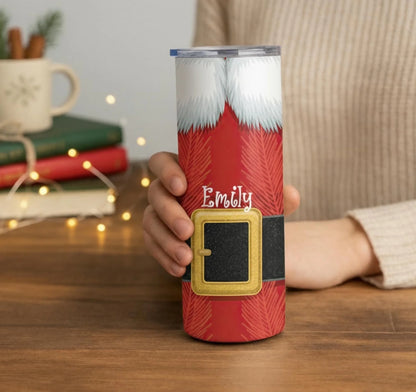 Personalized 20oz skinny tumbler – Christmas | lifestyle scene | custom name available, dishwasher safe, double-wall sta