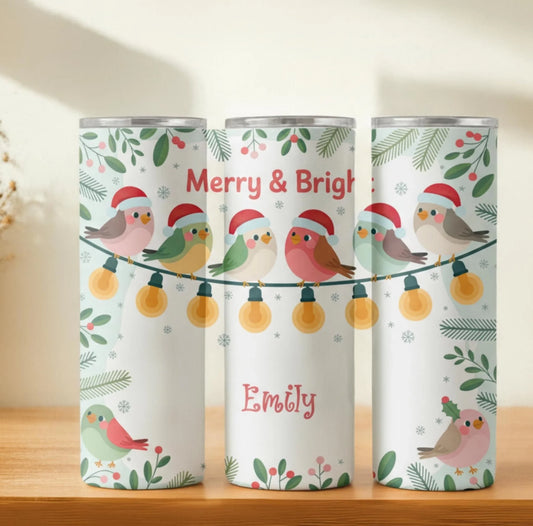 Personalized 20oz skinny tumbler – Christmas | hero view | custom name available, dishwasher safe, double-wall stainless