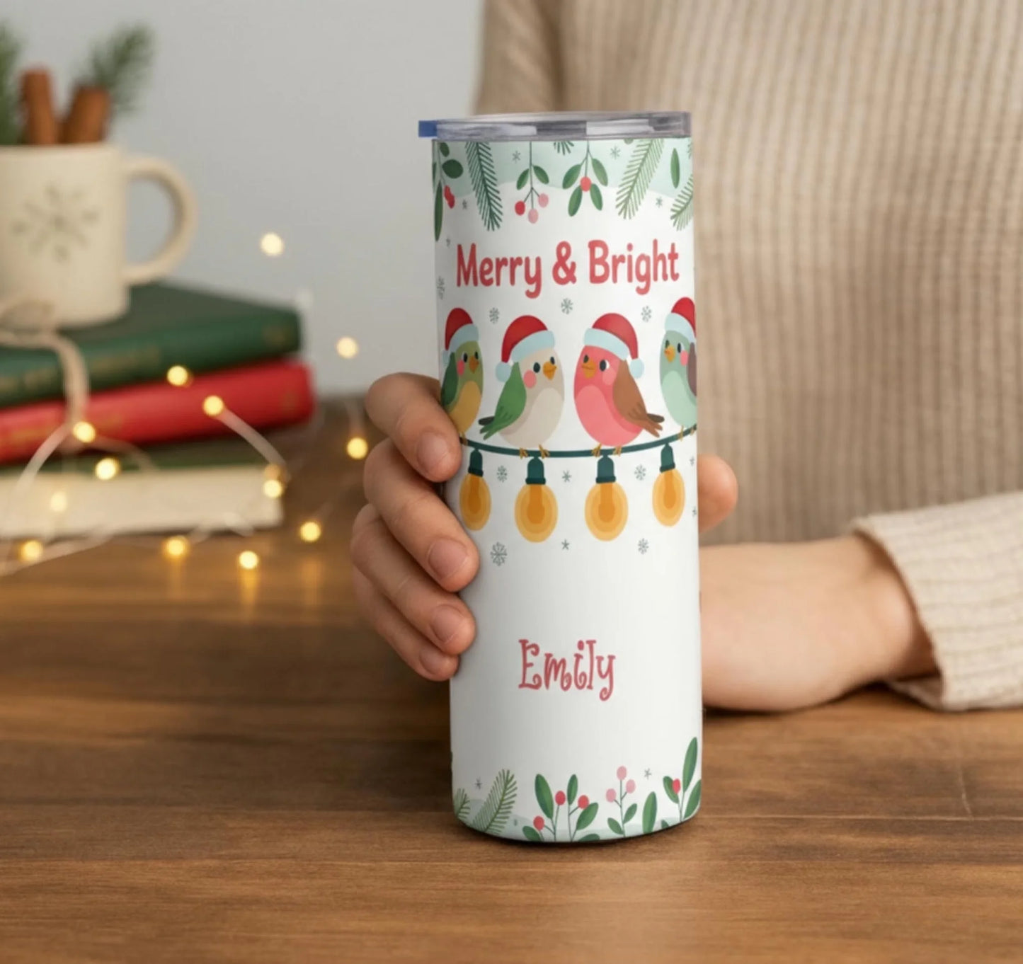 Personalized 20oz skinny tumbler – Christmas | lifestyle scene | custom name available, dishwasher safe, double-wall sta