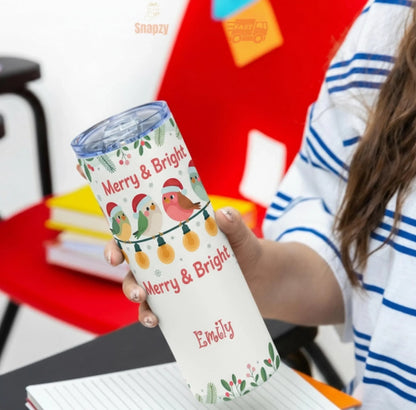Personalized 20oz skinny tumbler – Christmas | detail view | custom name available, dishwasher safe, double-wall stainle