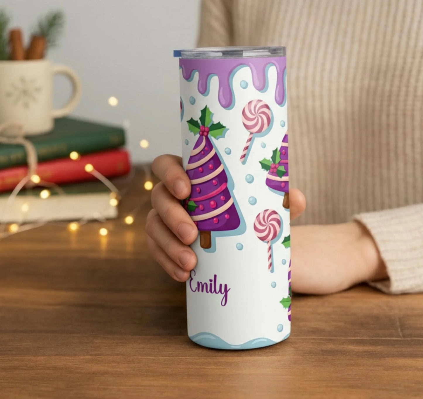Personalized 20oz skinny tumbler – Personalized | lifestyle scene | custom name available, dishwasher safe, double-wall