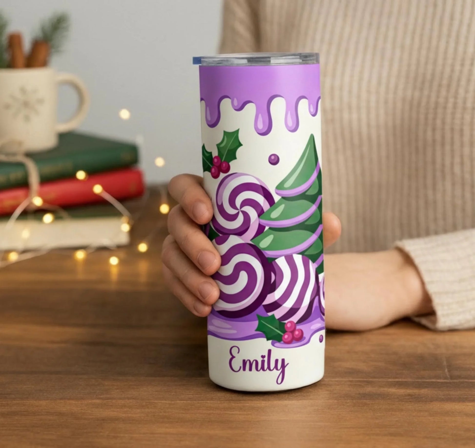 Personalized 20oz skinny tumbler – Personalized | lifestyle scene | custom name available, dishwasher safe, double-wall