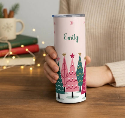 Personalized 20oz skinny tumbler – Christmas | lifestyle scene | custom name available, dishwasher safe, double-wall sta