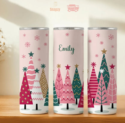 Personalized 20oz skinny tumbler – Christmas | hero view | custom name available, dishwasher safe, double-wall stainless