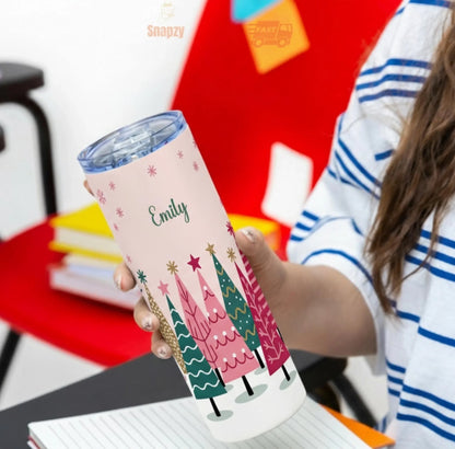 Personalized 20oz skinny tumbler – Christmas | detail view | custom name available, dishwasher safe, double-wall stainle