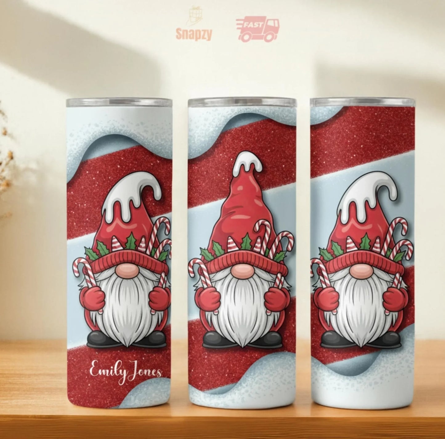 Personalized 20oz skinny tumbler – Christmas gnome | hero view | custom name available, dishwasher safe, double-wall sta