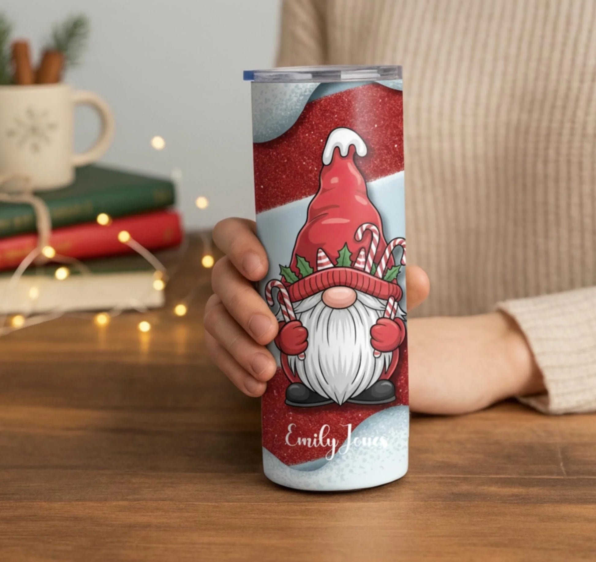 Personalized 20oz skinny tumbler – Christmas gnome | lifestyle scene | custom name available, dishwasher safe, double-wa