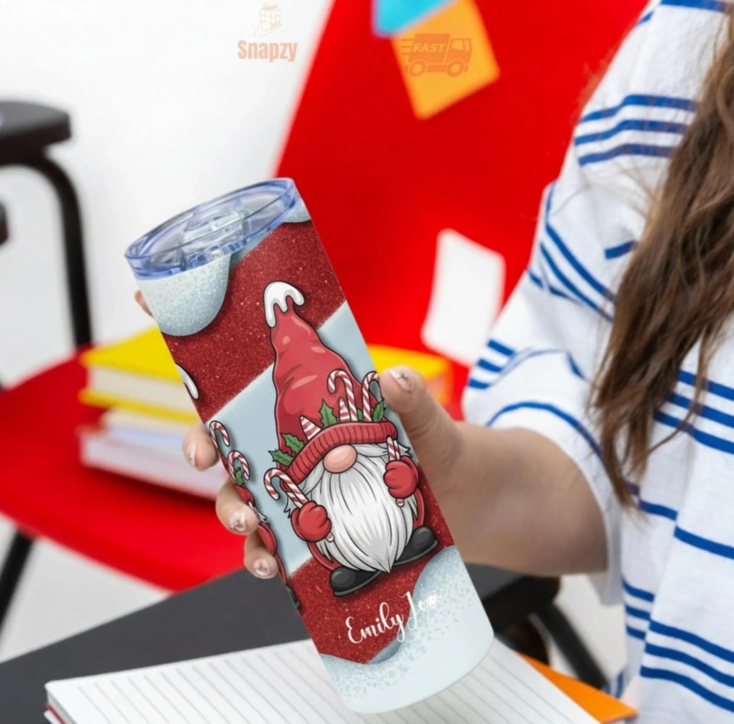 Personalized 20oz skinny tumbler – Christmas gnome | detail view | custom name available, dishwasher safe, double-wall s