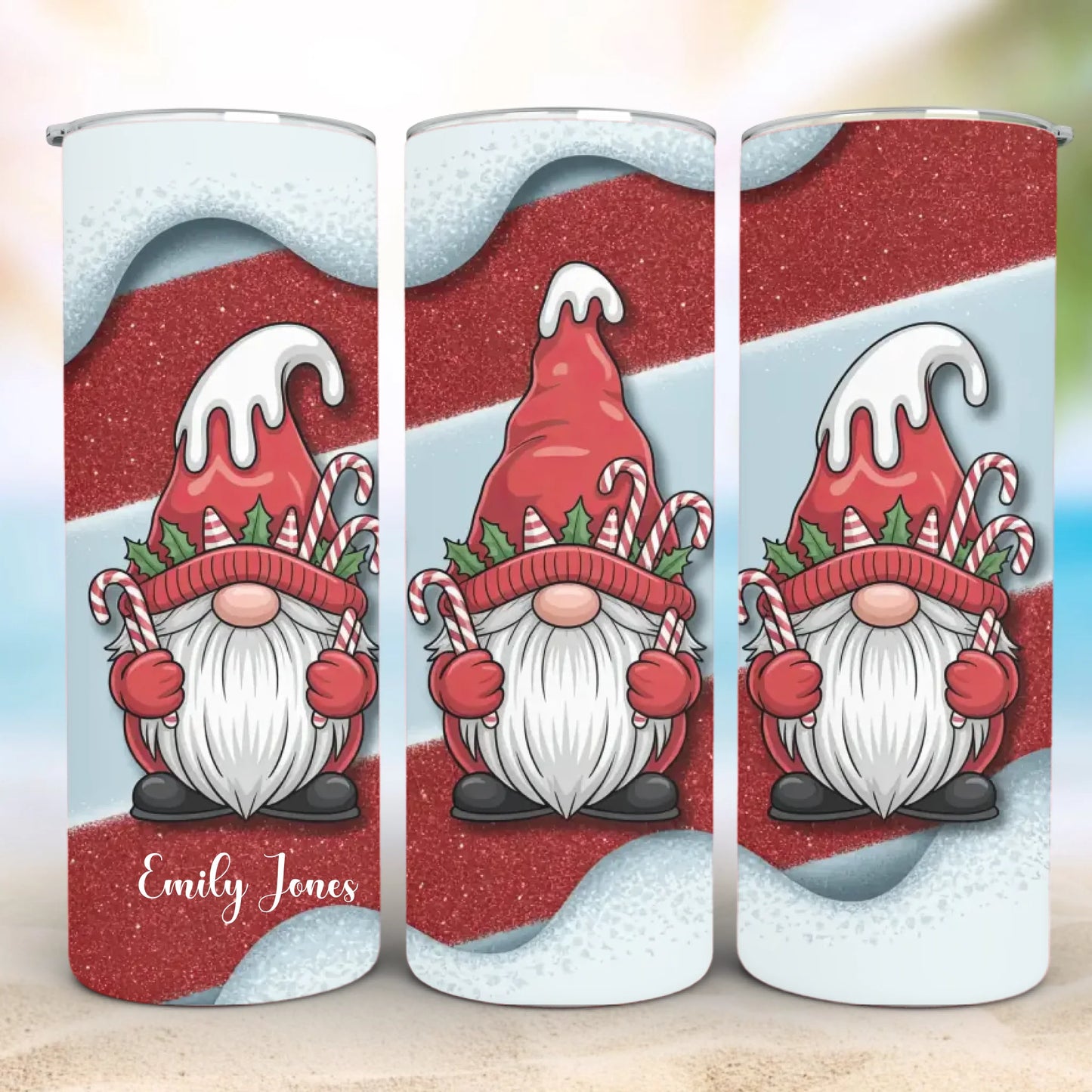 Personalized 20oz skinny tumbler – Christmas gnome | feature highlights | custom name available, dishwasher safe, double