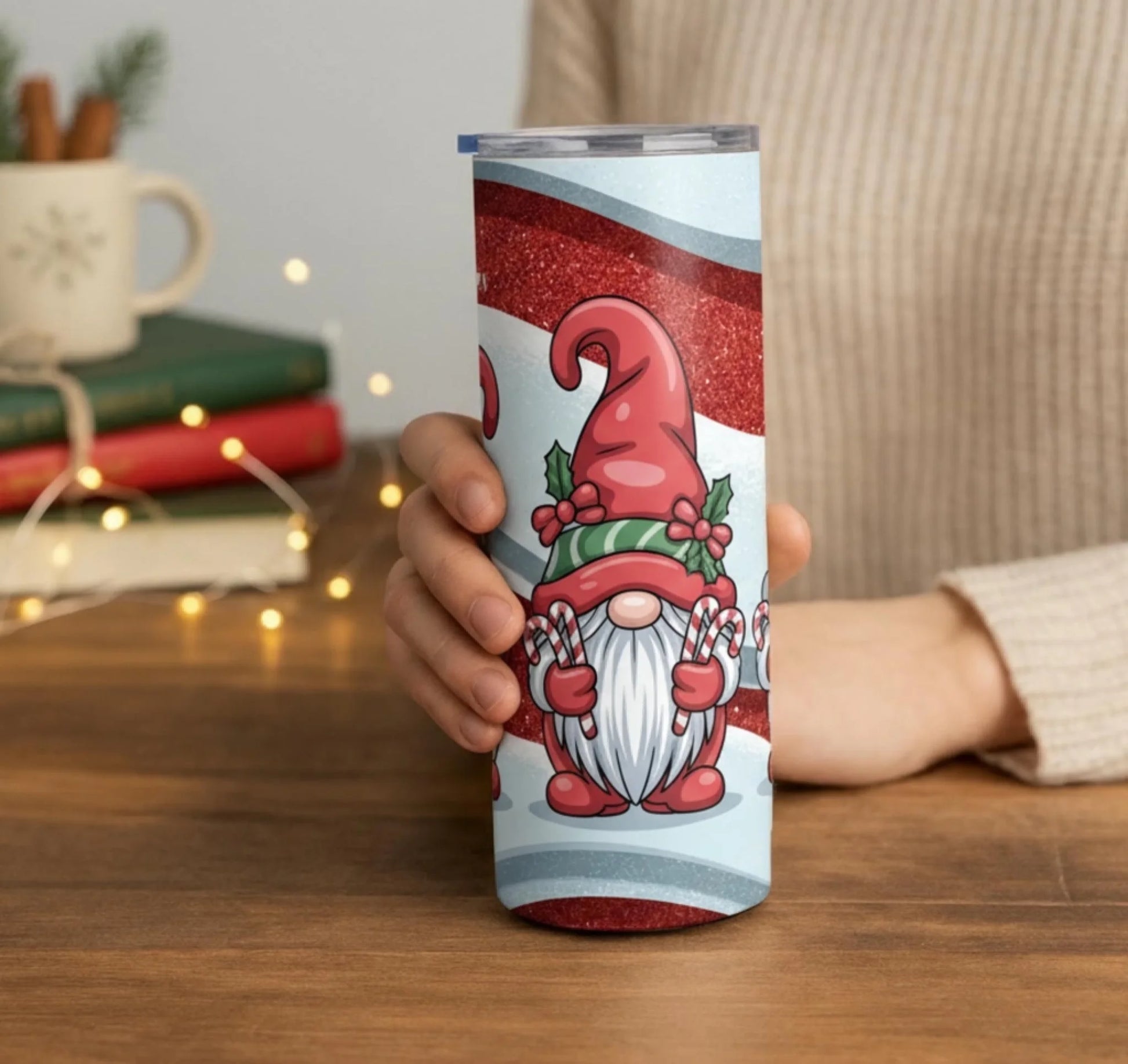 Personalized 20oz skinny tumbler – Christmas gnome | lifestyle scene | custom name available, dishwasher safe, double-wa