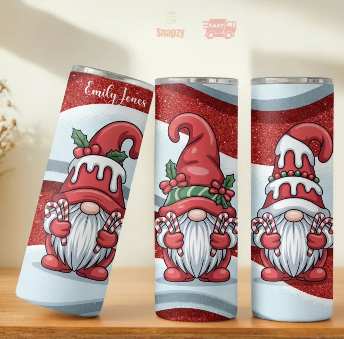 Personalized 20oz skinny tumbler – Christmas gnome | personalization example | custom name available, dishwasher safe, d