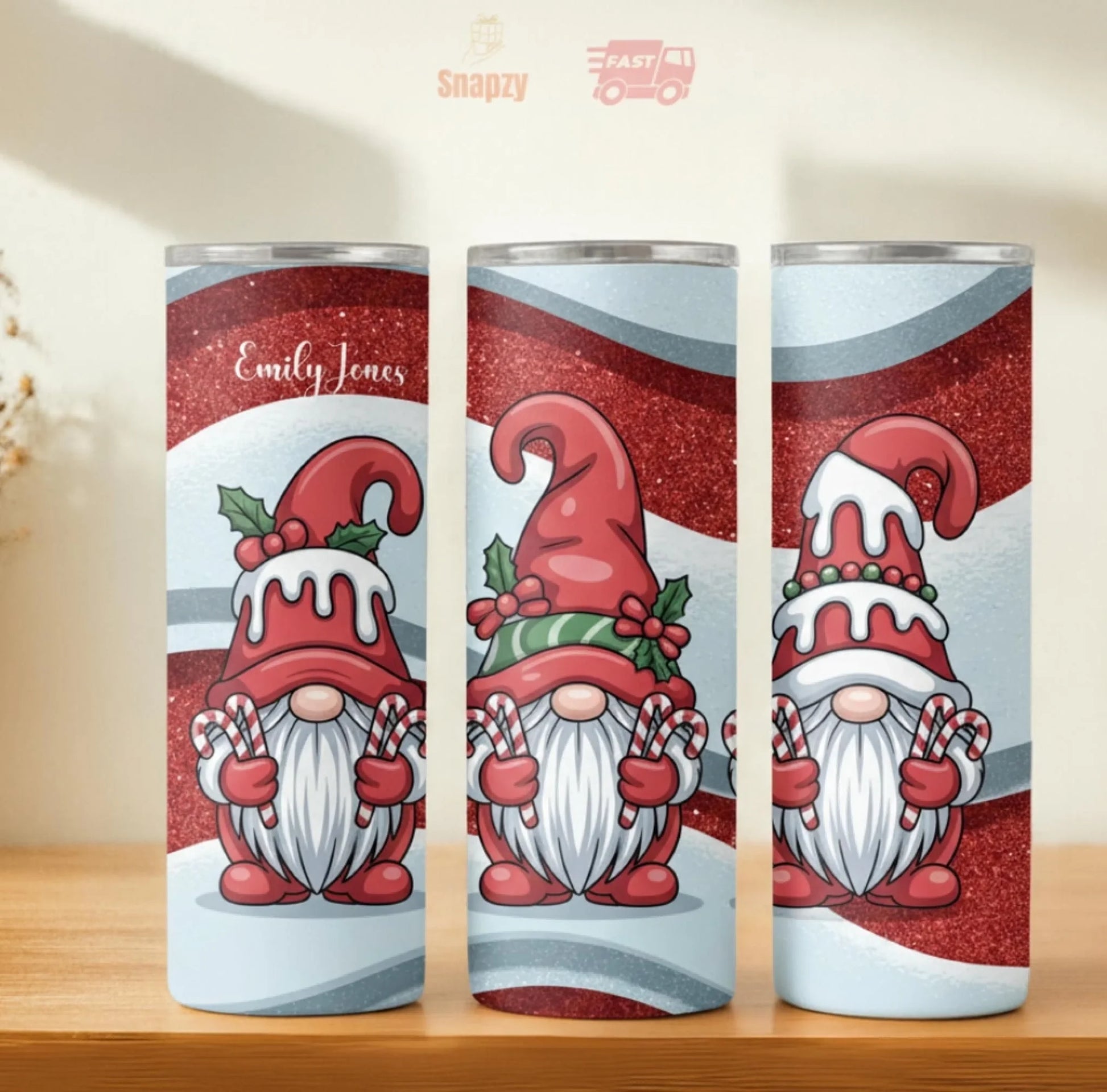 Personalized 20oz skinny tumbler – Christmas gnome | hero view | custom name available, dishwasher safe, double-wall sta