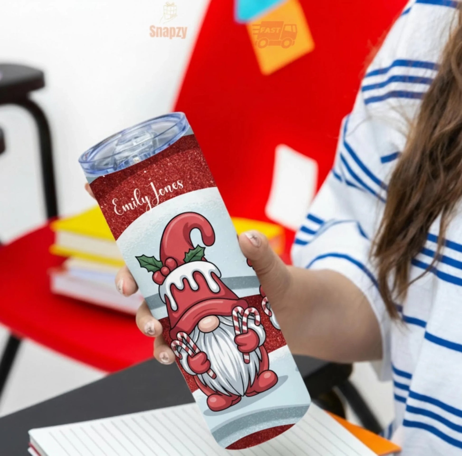 Personalized 20oz skinny tumbler – Christmas gnome | detail view | custom name available, dishwasher safe, double-wall s