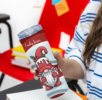 Personalized 20oz skinny tumbler – Christmas gnome | detail view | custom name available, dishwasher safe, double-wall s