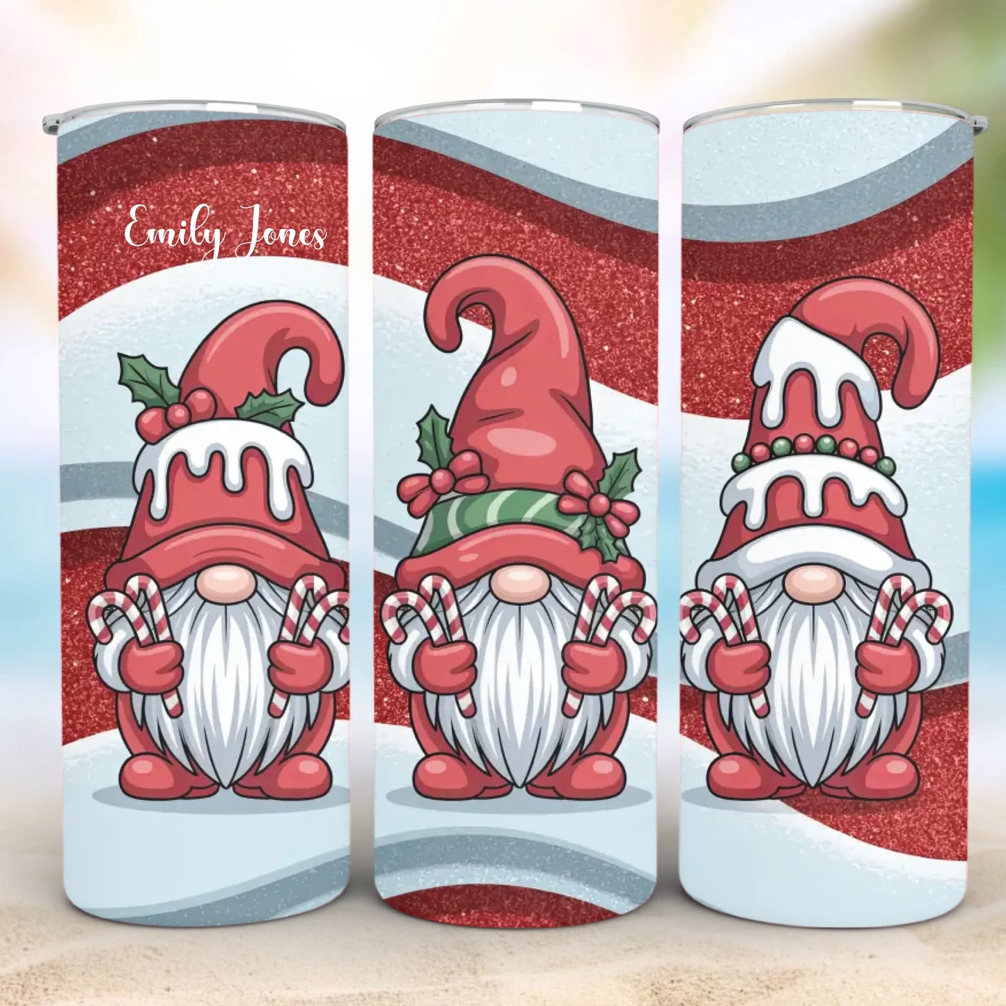 Personalized 20oz skinny tumbler – Christmas gnome | feature highlights | custom name available, dishwasher safe, double