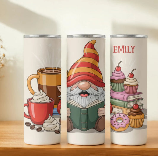 Personalized 20oz skinny tumbler – Christmas gnome | hero view | custom name available, dishwasher safe, double-wall sta