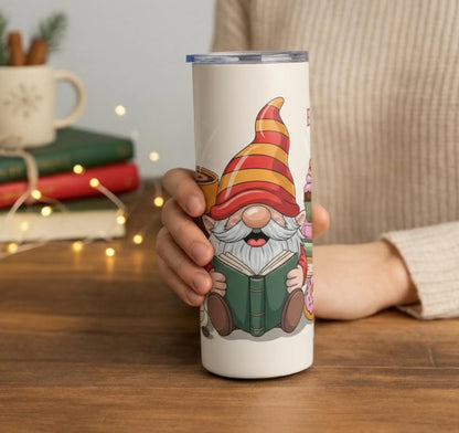 Personalized 20oz skinny tumbler – Christmas gnome | lifestyle scene | custom name available, dishwasher safe, double-wa
