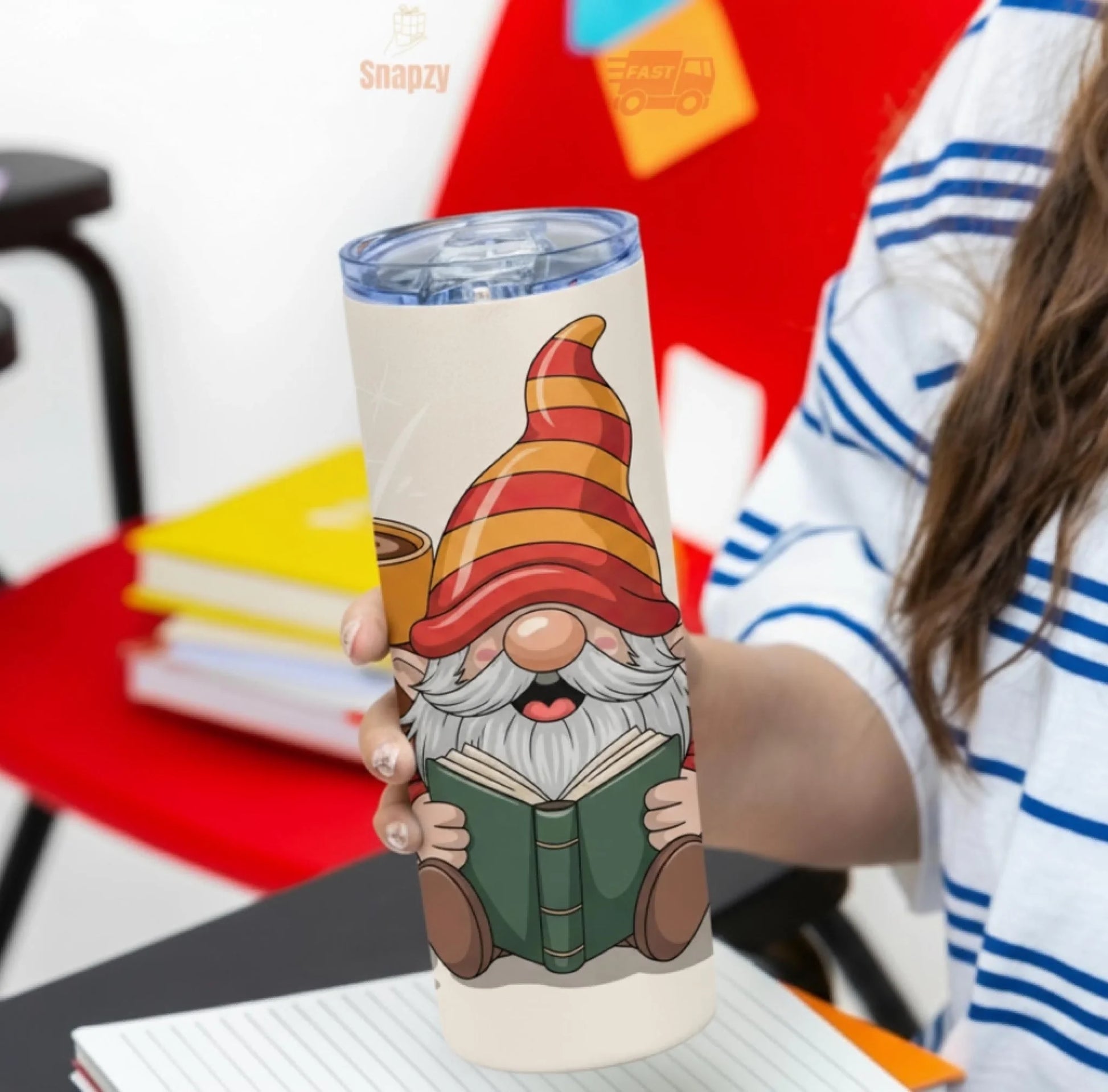 Personalized 20oz skinny tumbler – Christmas gnome | detail view | custom name available, dishwasher safe, double-wall s