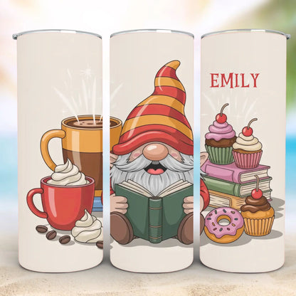 Personalized 20oz skinny tumbler – Christmas gnome | feature highlights | custom name available, dishwasher safe, double