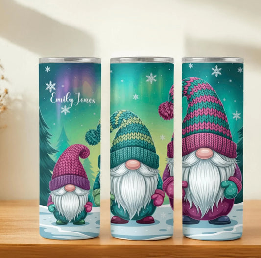 Personalized 20oz skinny tumbler – Christmas gnome | hero view | custom name available, dishwasher safe, double-wall sta