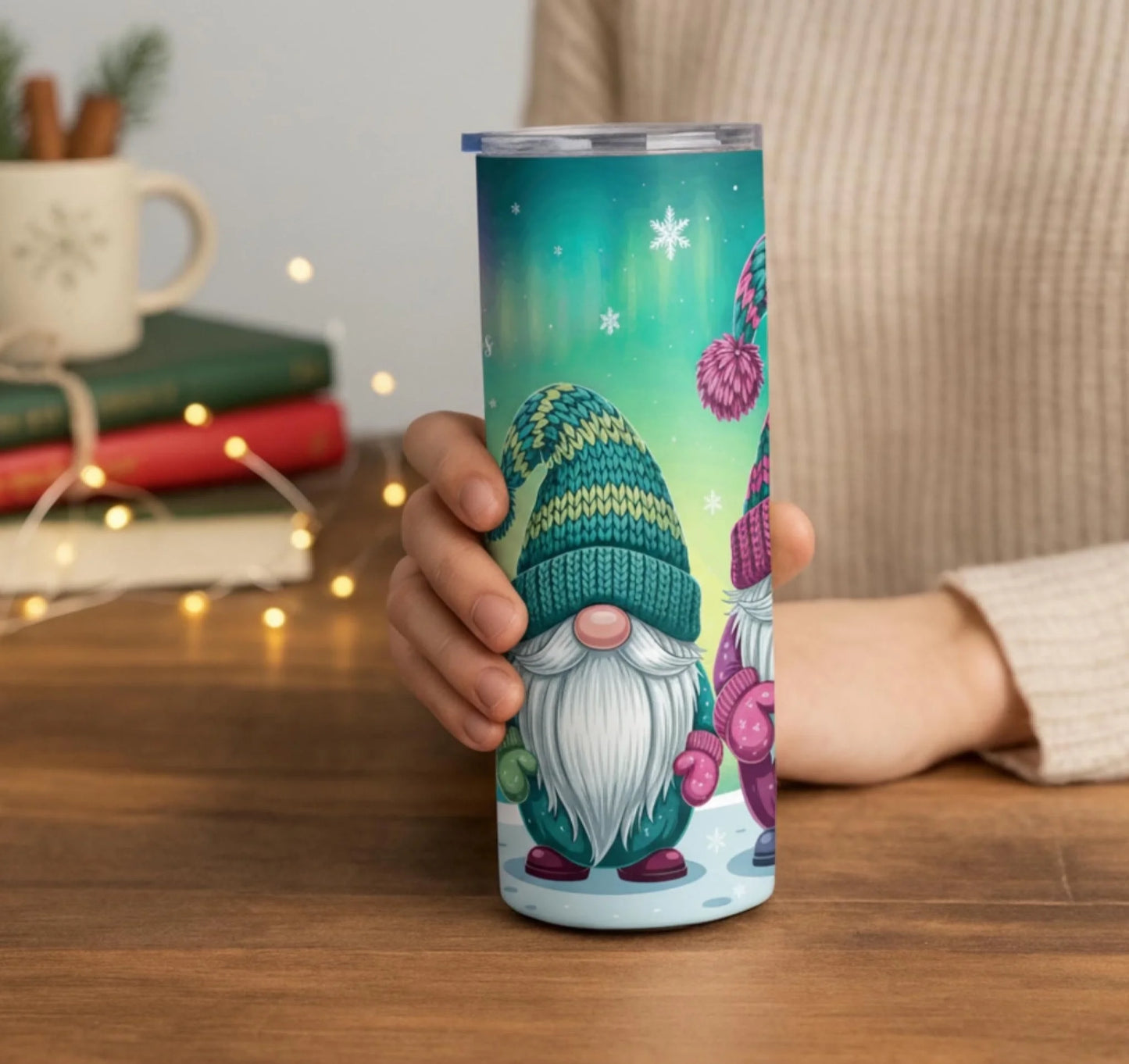 Personalized 20oz skinny tumbler – Christmas gnome | lifestyle scene | custom name available, dishwasher safe, double-wa