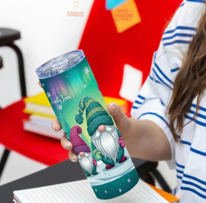 Personalized 20oz skinny tumbler – Christmas gnome | detail view | custom name available, dishwasher safe, double-wall s
