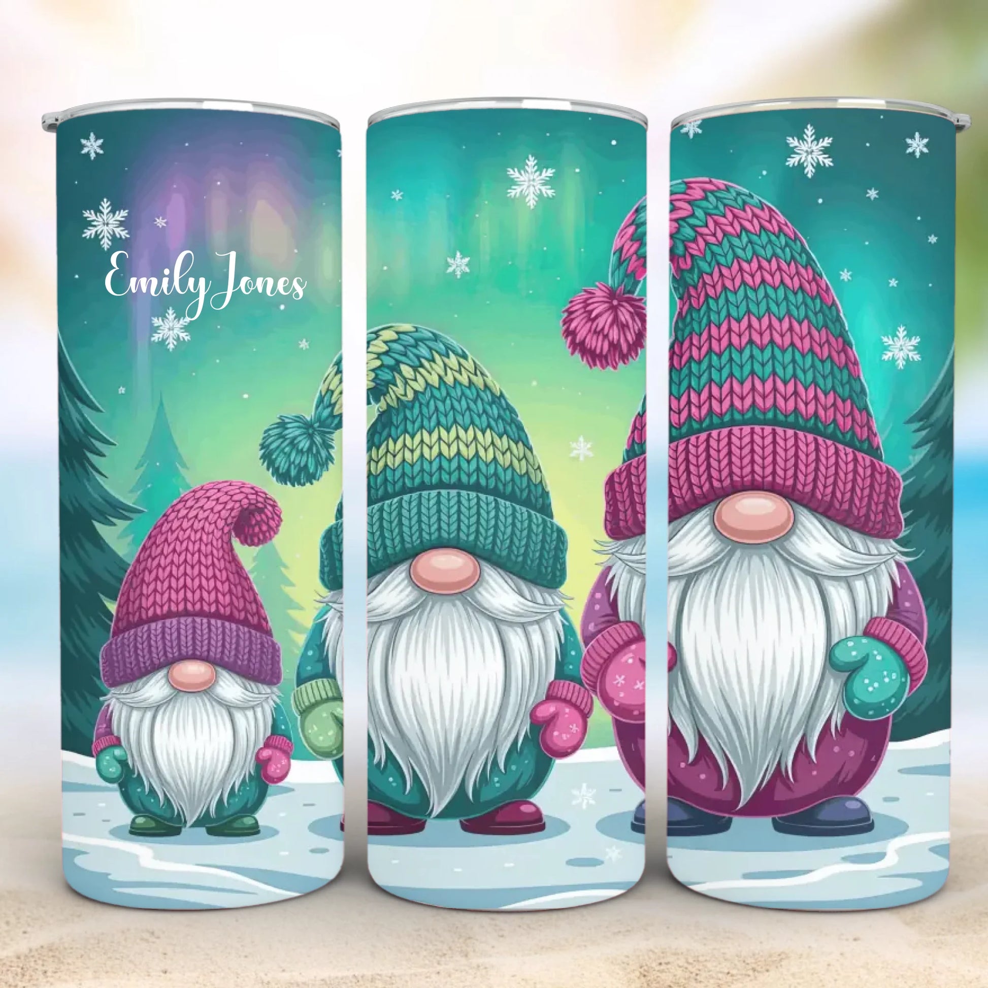 Personalized 20oz skinny tumbler – Christmas gnome | feature highlights | custom name available, dishwasher safe, double