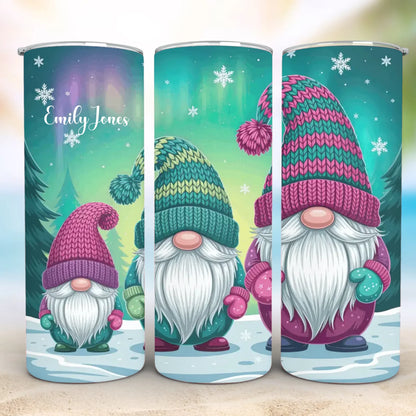 Personalized 20oz skinny tumbler – Christmas gnome | feature highlights | custom name available, dishwasher safe, double