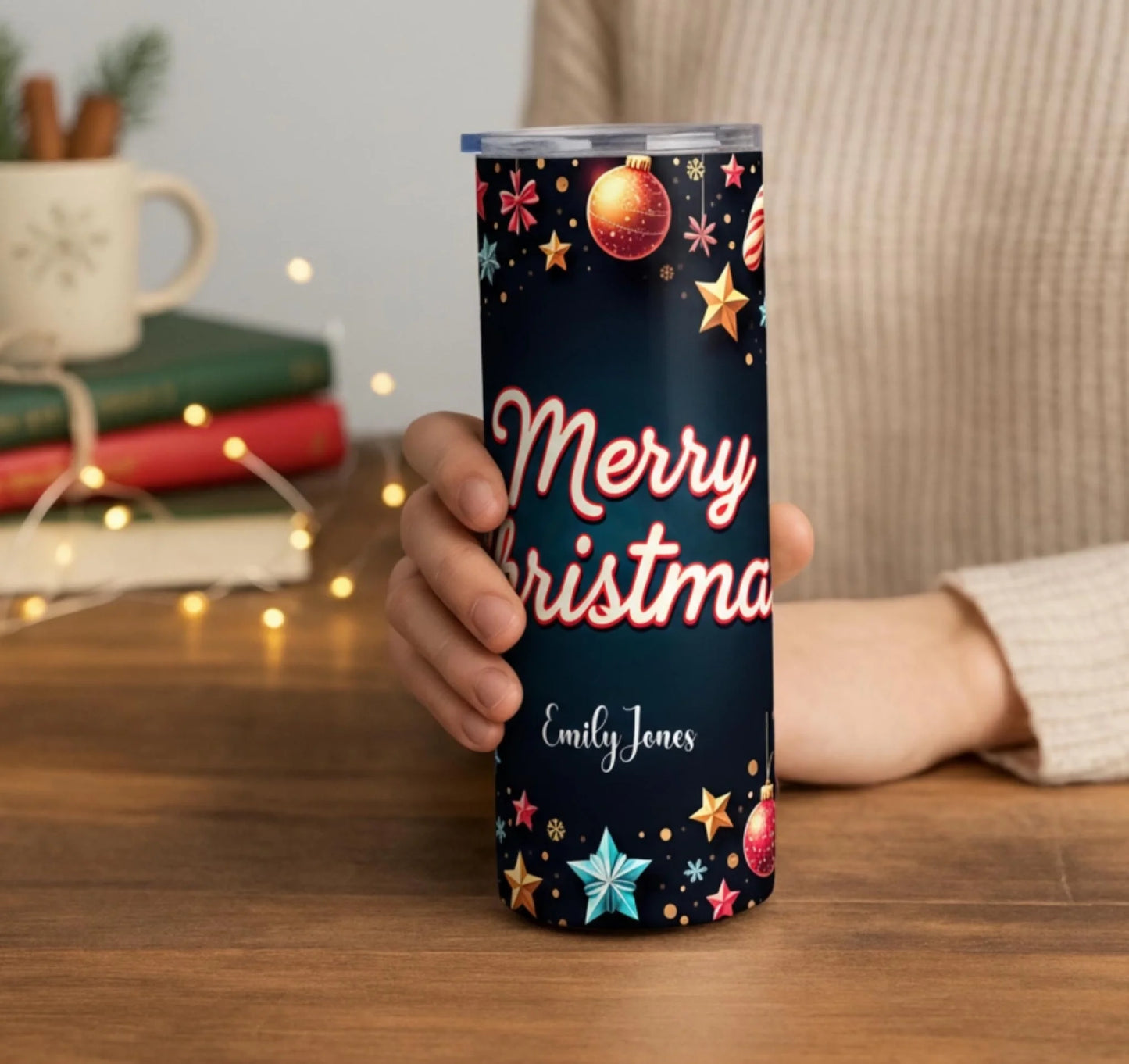 Personalized 20oz skinny tumbler – Personalized | lifestyle scene | custom name available, dishwasher safe, double-wall