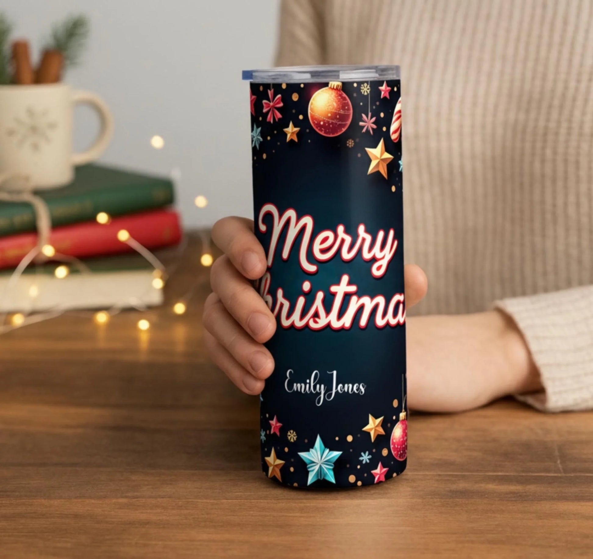 Personalized 20oz skinny tumbler – Personalized | lifestyle scene | custom name available, dishwasher safe, double-wall