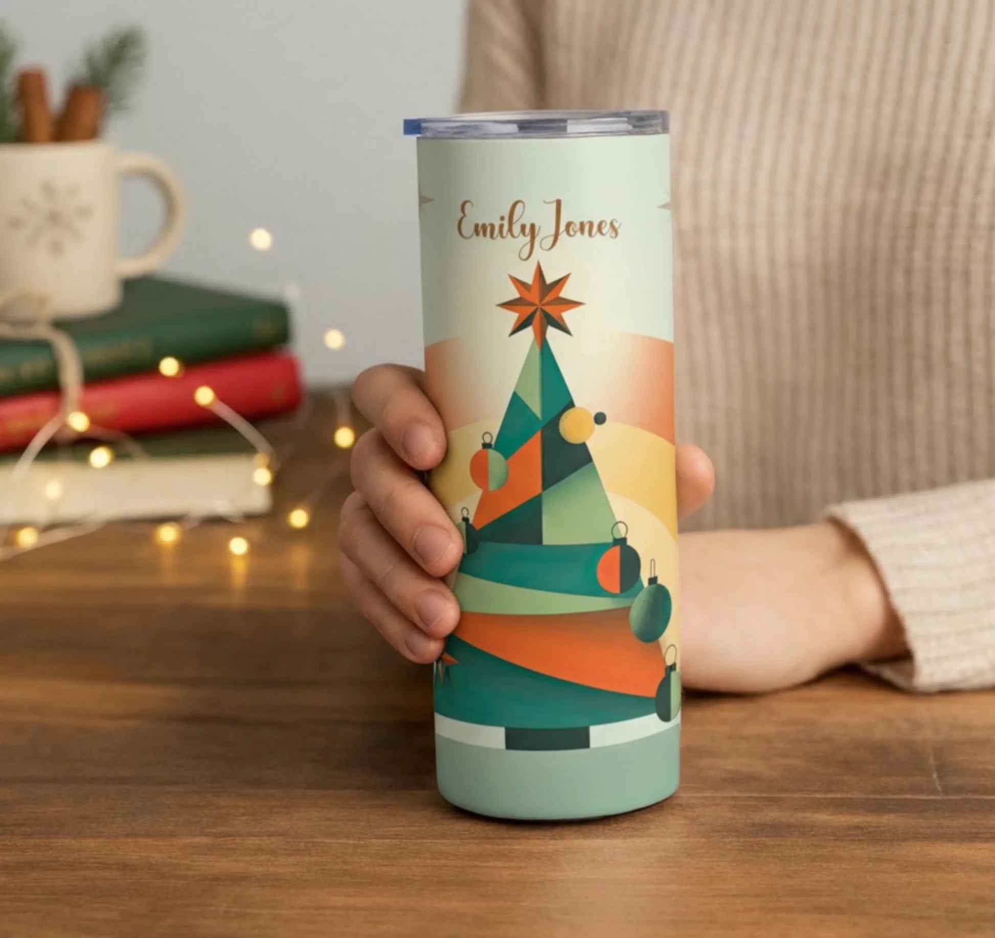 Personalized 20oz skinny tumbler – Christmas | lifestyle scene | custom name available, dishwasher safe, double-wall sta