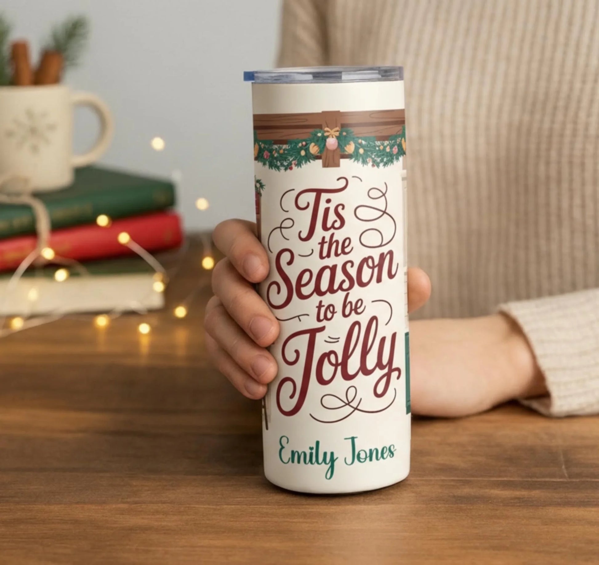 Personalized 20oz skinny tumbler – Personalized | lifestyle scene | custom name available, dishwasher safe, double-wall