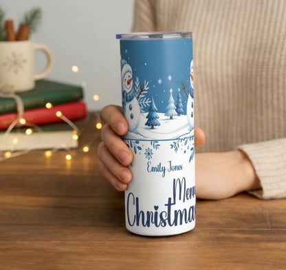 Personalized 20oz skinny tumbler – Christmas | lifestyle scene | custom name available, dishwasher safe, double-wall sta