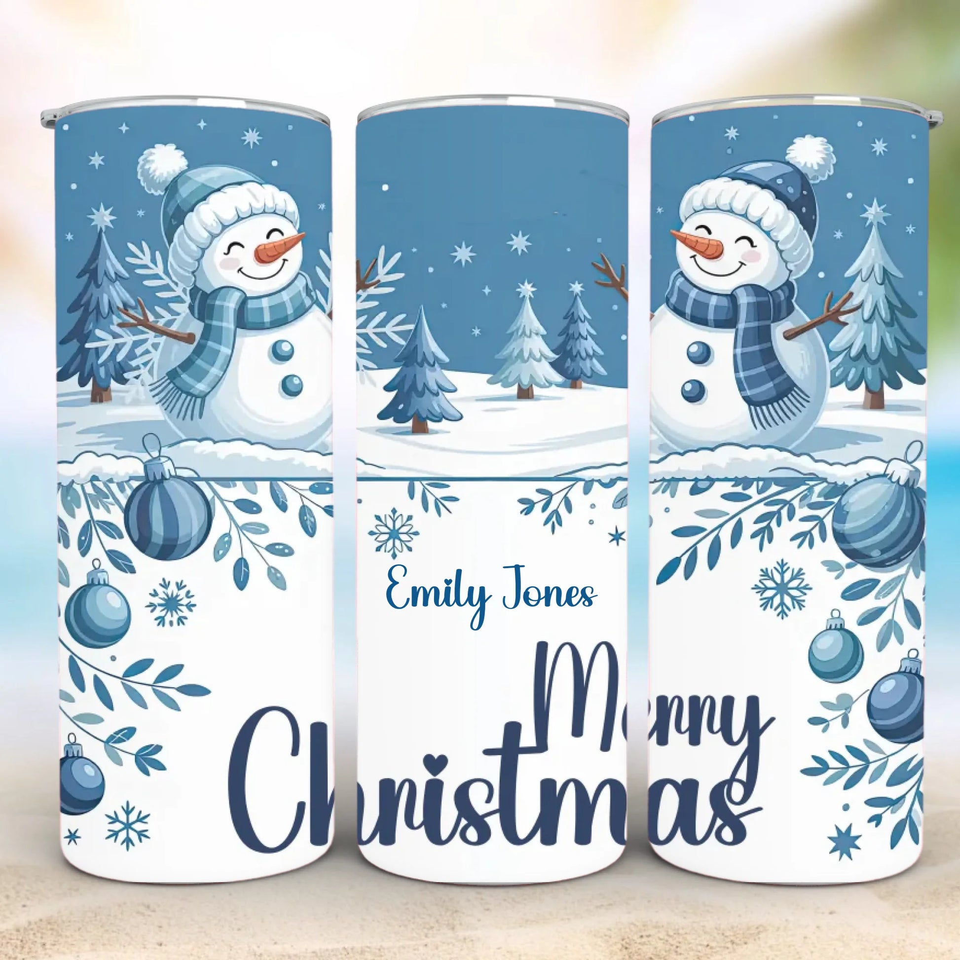 Personalized 20oz skinny tumbler – Christmas | detail view | custom name available, dishwasher safe, double-wall stainle