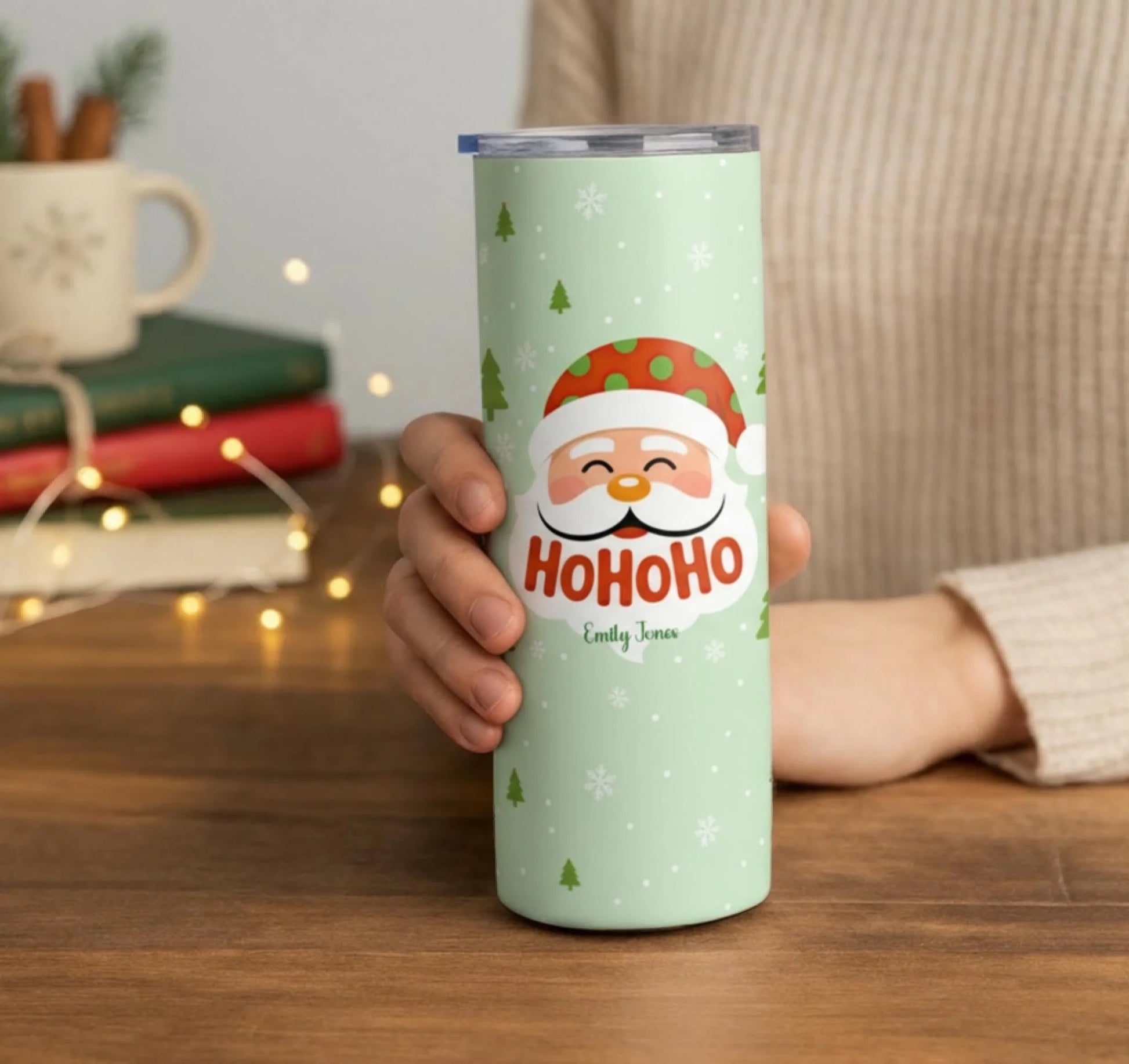 Personalized 20oz skinny tumbler – Christmas | lifestyle scene | custom name available, dishwasher safe, double-wall sta