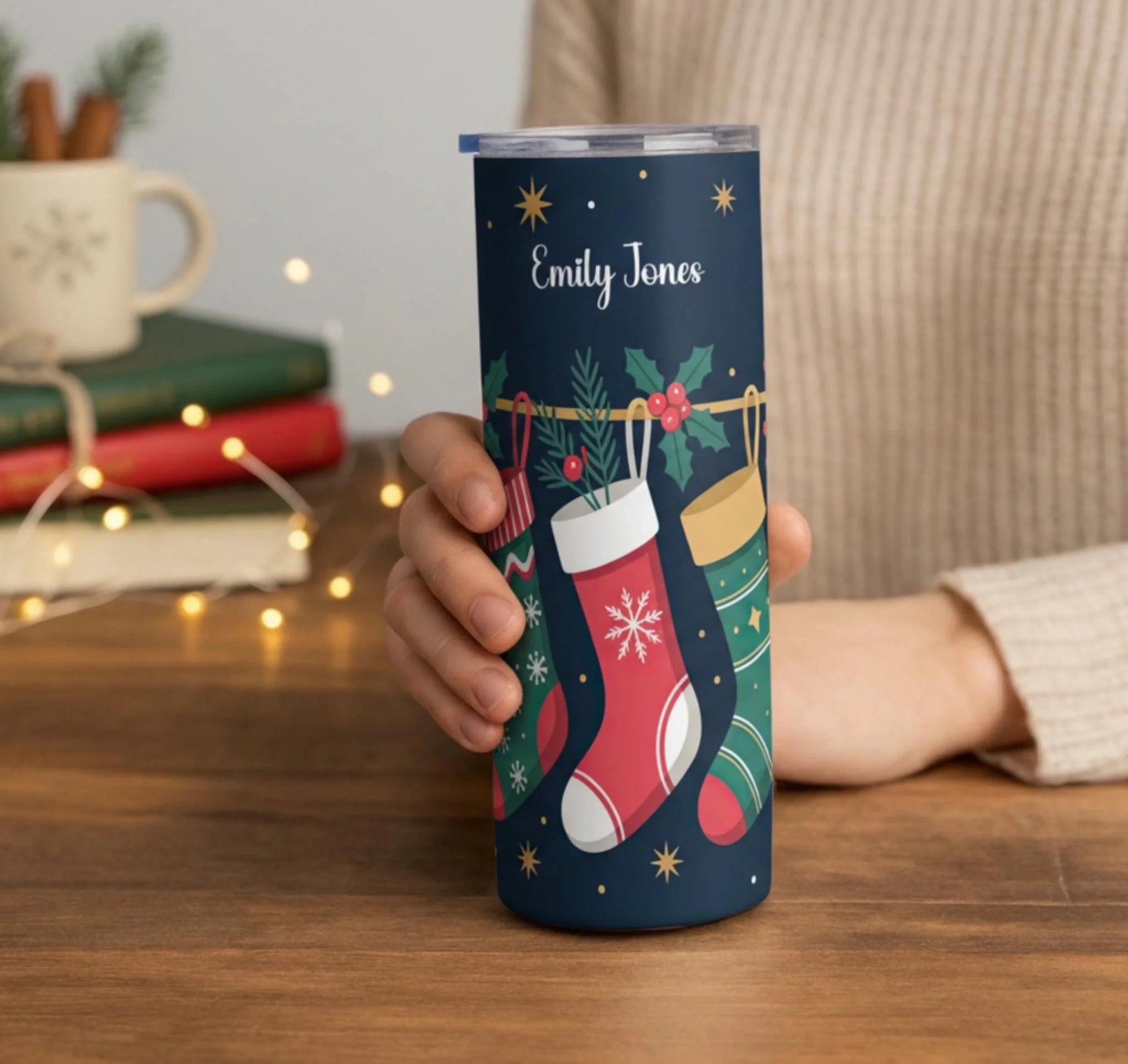 Personalized 20oz skinny tumbler – Personalized | lifestyle scene | custom name available, dishwasher safe, double-wall