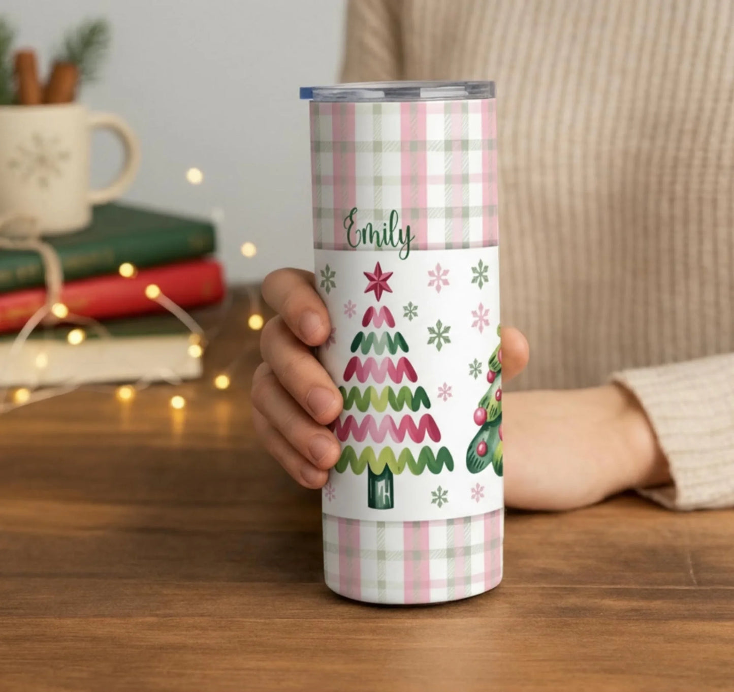 Personalized 20oz skinny tumbler – Personalized | lifestyle scene | custom name available, dishwasher safe, double-wall