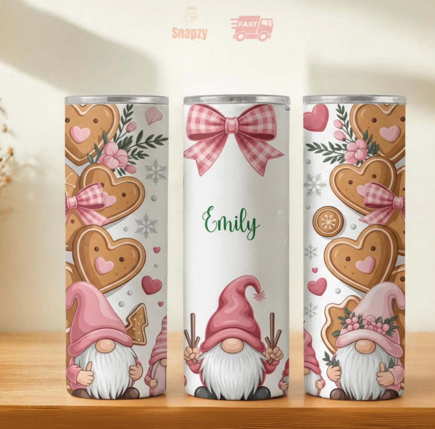 Personalized 20oz skinny tumbler – Christmas gnome | hero view | custom name available, dishwasher safe, double-wall sta