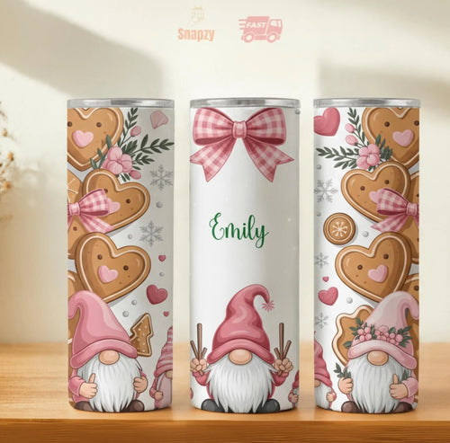 Personalized 20oz skinny tumbler – Christmas gnome | hero view | custom name available, dishwasher safe, double-wall sta