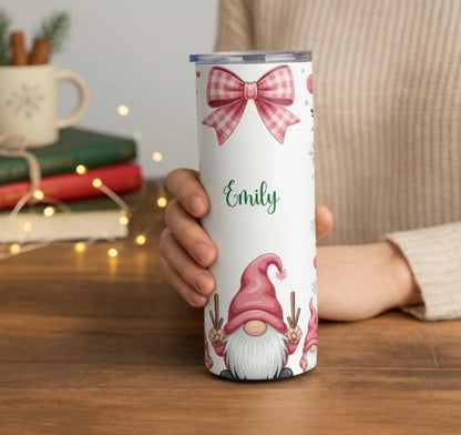 Personalized 20oz skinny tumbler – Christmas gnome | lifestyle scene | custom name available, dishwasher safe, double-wa