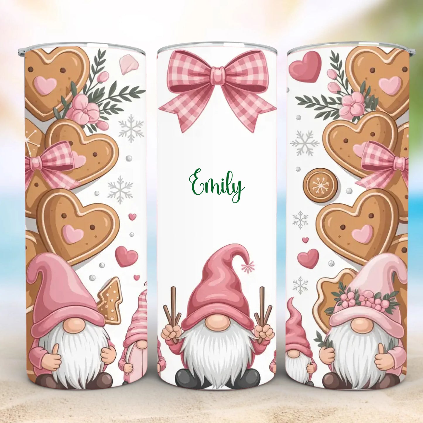 Personalized 20oz skinny tumbler – Christmas gnome | detail view | custom name available, dishwasher safe, double-wall s