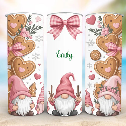 Personalized 20oz skinny tumbler – Christmas gnome | detail view | custom name available, dishwasher safe, double-wall s