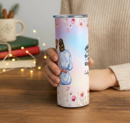 Personalized 20oz skinny tumbler – Personalized | lifestyle scene | custom name available, dishwasher safe, double-wall