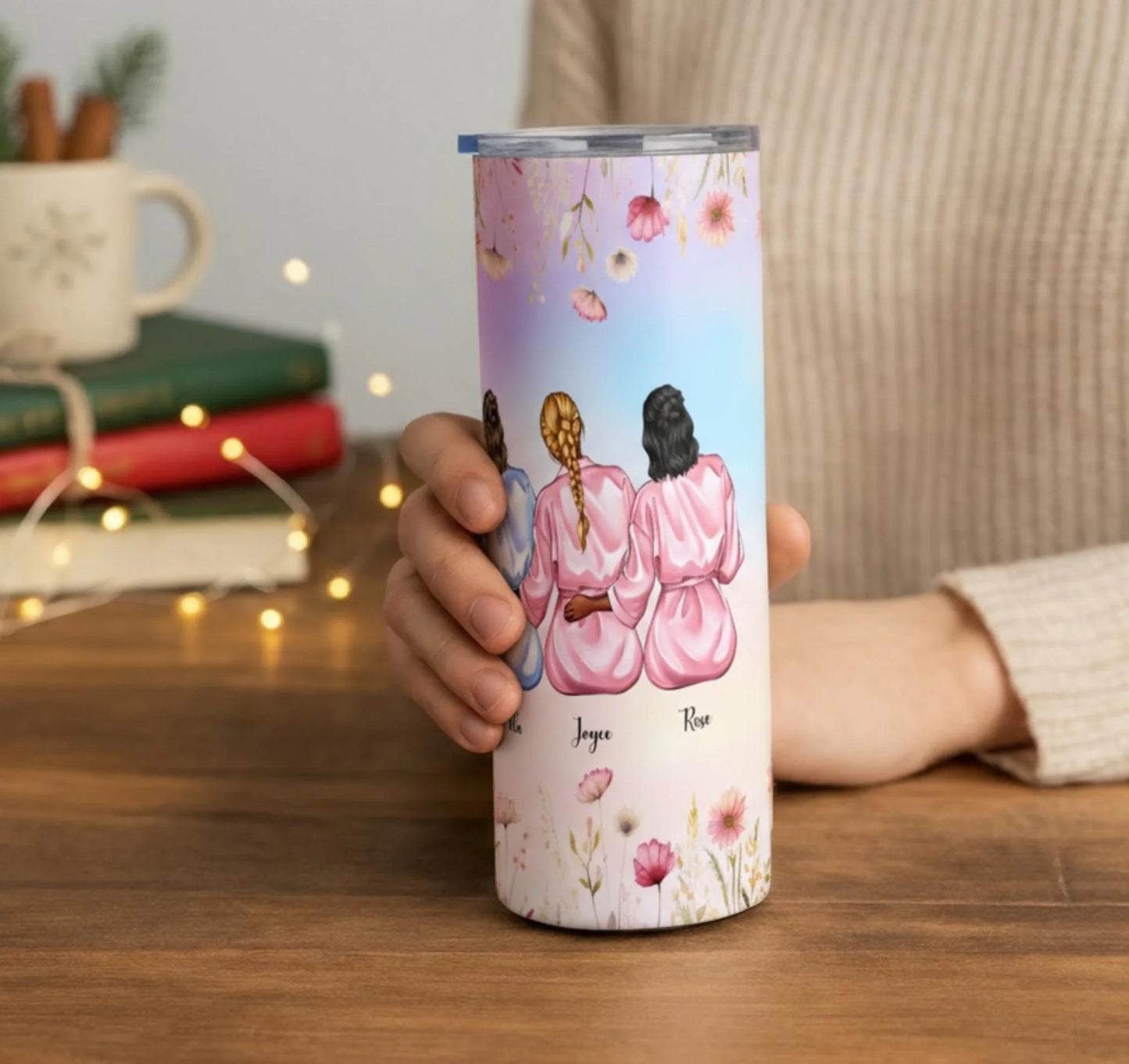 Personalized 20oz skinny tumbler – Personalized | lifestyle scene | custom name available, dishwasher safe, double-wall